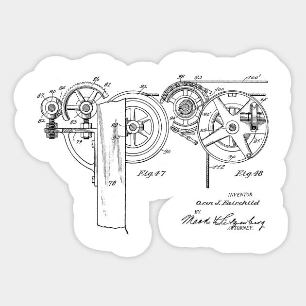 Automatic Bowling Mechanism Vintage Patent Hand Drawing Sticker by TheYoungDesigns